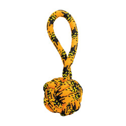 Přetahovadlo s uzlovaným míčem HipHop ROPE ø 7cm /20 cm, neon oranžová, černá, žlutá