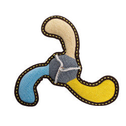 Bumerang, 27 cm, robustní aport pro psy, HIPHOP DOG, tkaná látka, béžová/modrá/žlutá