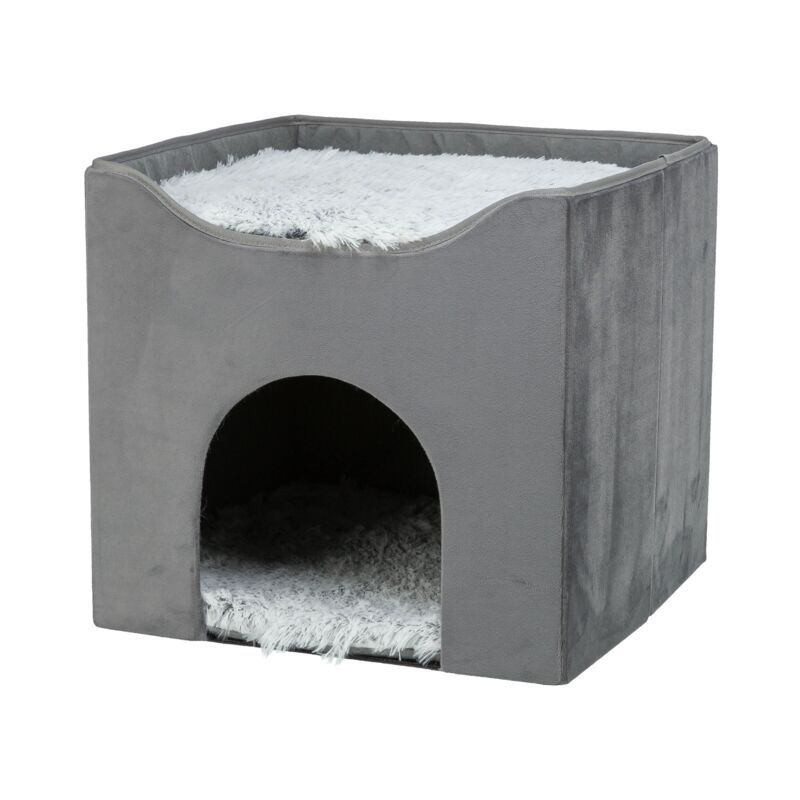 Kukaň HARVEY sametová se střešním lůžkem, 38 x 38 x 38 cm, šedá/bíločerná