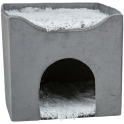 Kukaň HARVEY sametová se střešním lůžkem, 38 x 38 x 38 cm, šedá/bíločerná