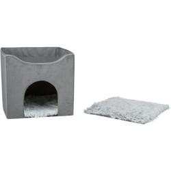 Kukaň HARVEY sametová se střešním lůžkem, 38 x 38 x 38 cm, šedá/bíločerná