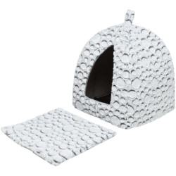 MILA plyšová jeskyně s polštářem, 32 × 42 × 32 cm, bílá/šedá