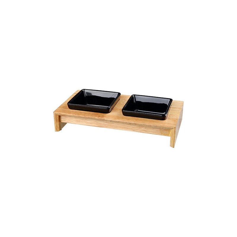 Dřevěný bar, 2x keramická čtyřhranná miska, á 0,2 l / 10 x 10 cm, černá