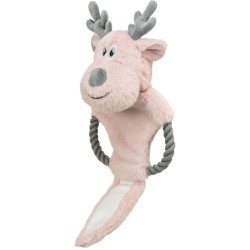 Vánoční sob na laně, šustící, 47 cm, plyš/bavlněné lano, růžová/šedá