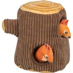Pařez s veverkou, plyšová hračka pro psy, bez zvuku, 16 cm, hnědá/oranžová