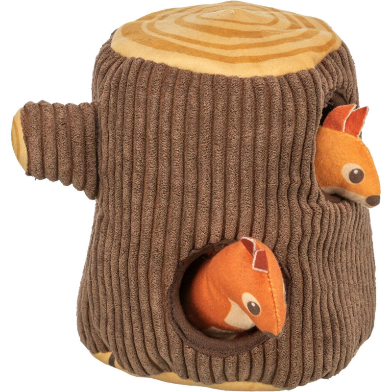 Pařez s veverkou, plyšová hračka pro psy, bez zvuku, 16 cm, hnědá/oranžová