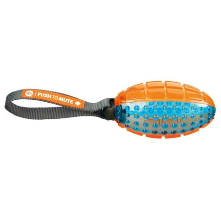 TPR termoplastový rugby míč s poutkem, 12cm/27cm oranž/modrá - DOPRODEJ